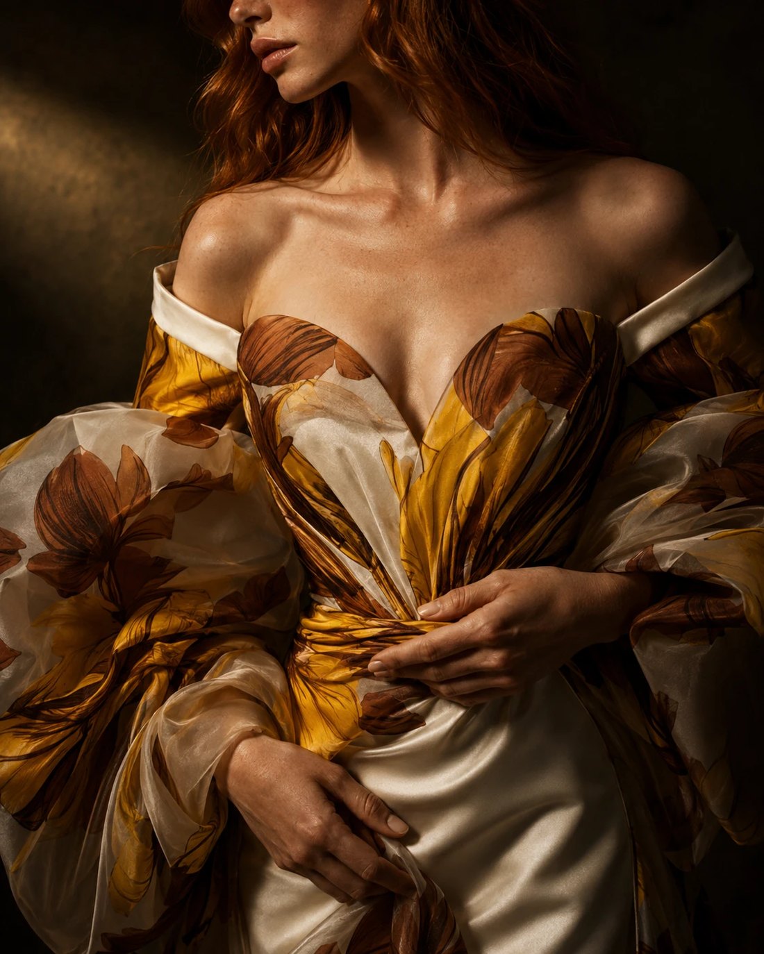 Gold and cream floral gown, close detail in low light